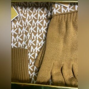 Michael Kors tan Knit Hat Scarf and glove
